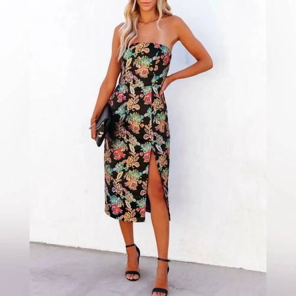 Vici Olia Ganni Jacquard Strapless Midi Dress Black NWT Wedding Party Guest - Picture 3 of 11